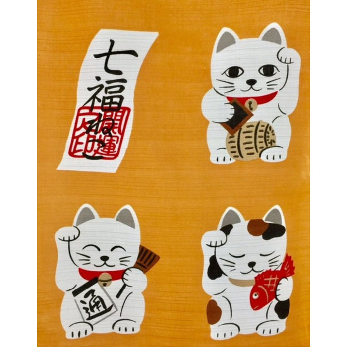 Shichi Fuku Neko Short Golden Noren - "Seven Lucky Cats Short Golden Curtain"