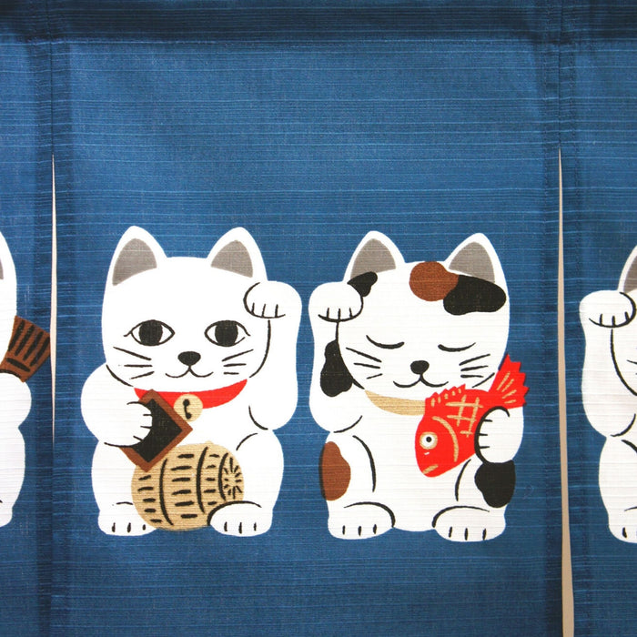 Shichi Fuku Neko Tan Aoi Noren (七福猫短青色幕) - "Seven Lucky Cats Short Blue Curtain"