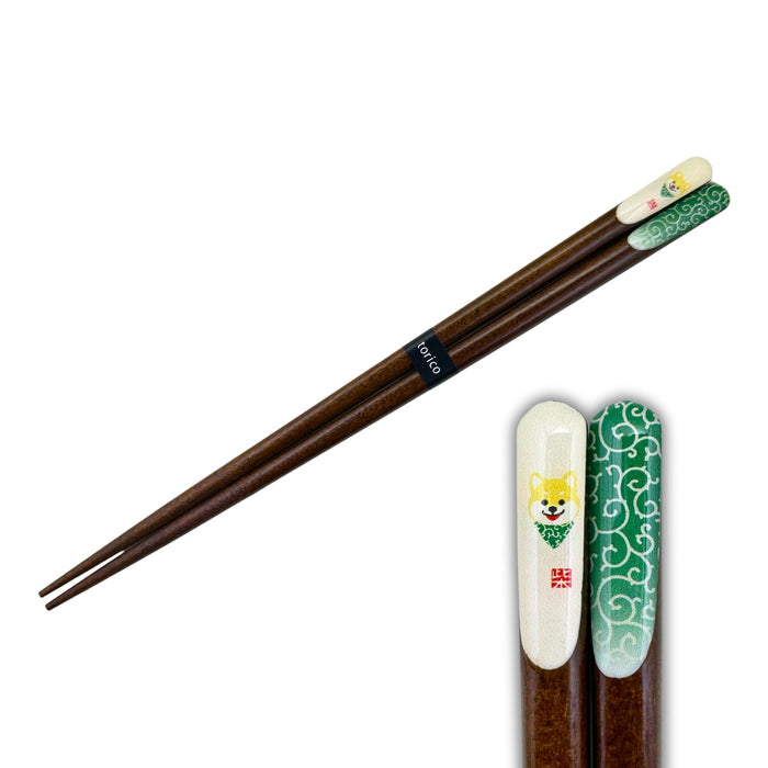 Kiiro Shiba Inu Seigaiha Green Chopsticks (黄色い柴犬青海波緑箸) - "Yellow Shiba Inu and Seigaiha Green" Chopsticks